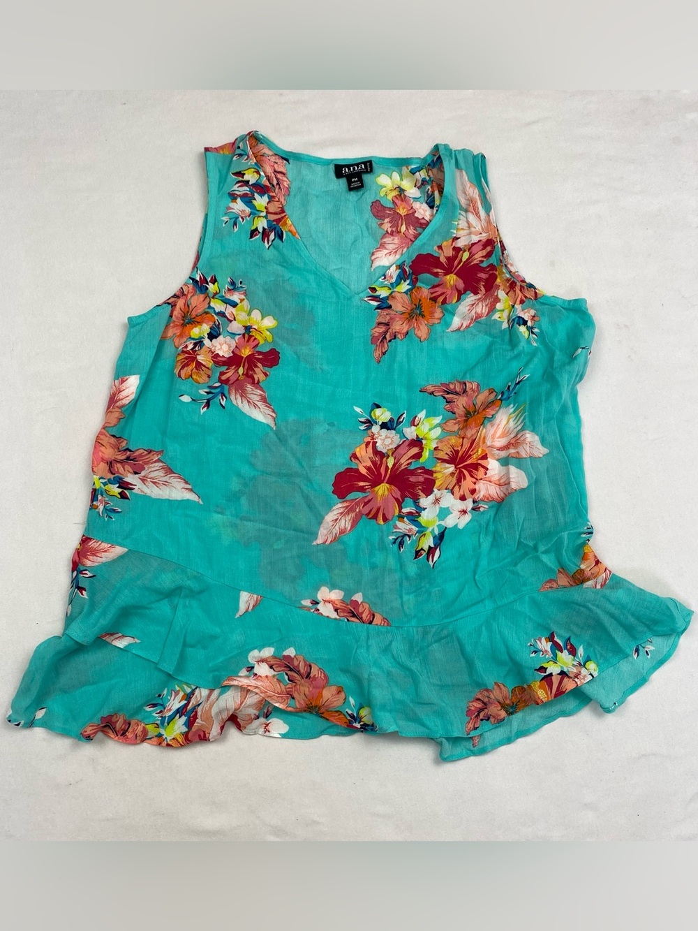 A.N.A Turquoise Floral V-Neck Ruffle Tank Top